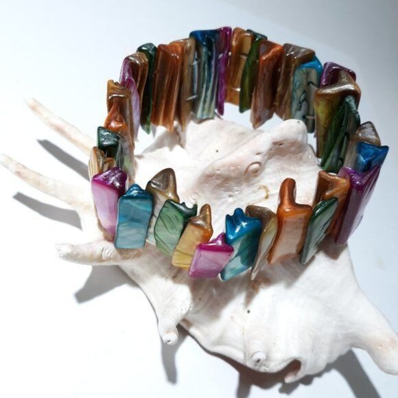 Rainbow MOP Shell Bracelet Stretch Cuff Pride Boho - Picture 4 of 6